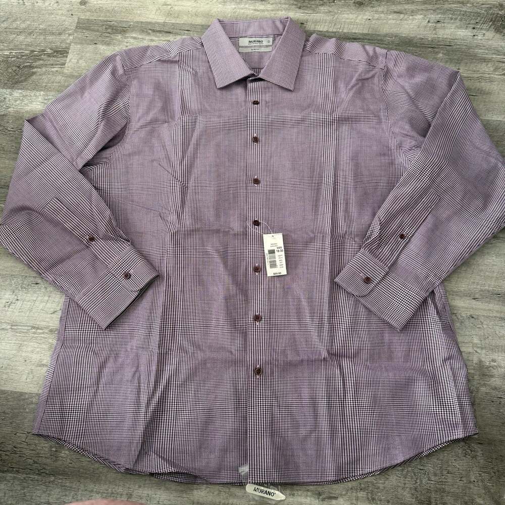 MURANO Button Up Shirt Mens 18-35 Slim Fit Burgundy Glen Plaid 100% Cotton NEW